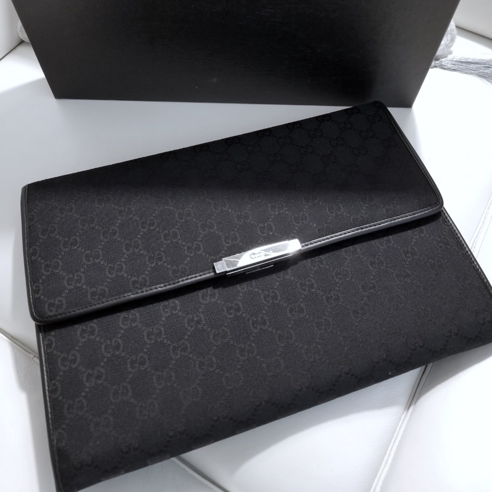 Gucci  Black GG Monogram & Leather Portfolio / Folio